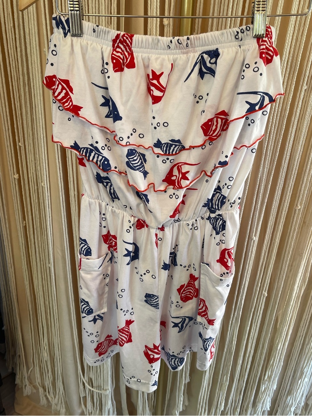 Strapless white romper with red & blue nautical fish print & ruffled neckline - Picture 9 of 10